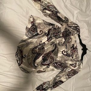 White House Black Market paisley print silk burn out blouse.